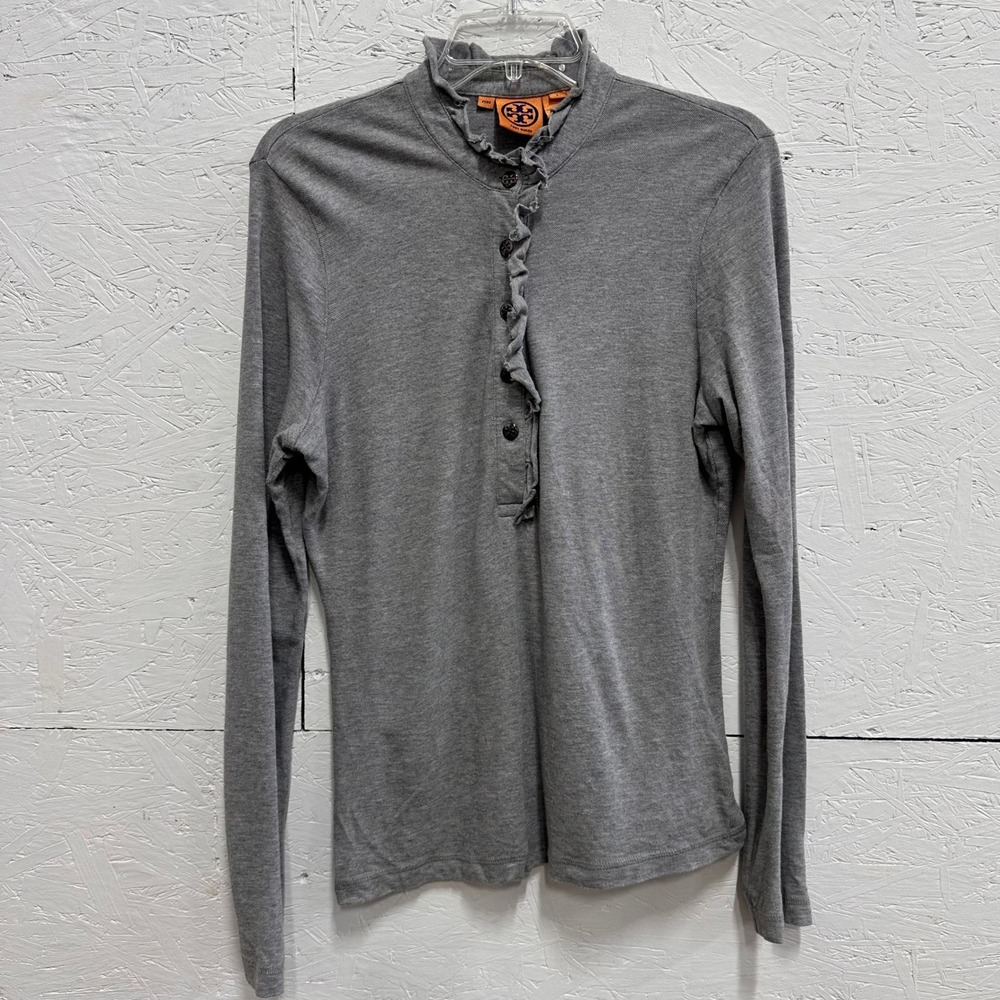 Tory Burch L Top Grey Ruffle Mock Neck Long Sleeve Pima Cotton Button Detail